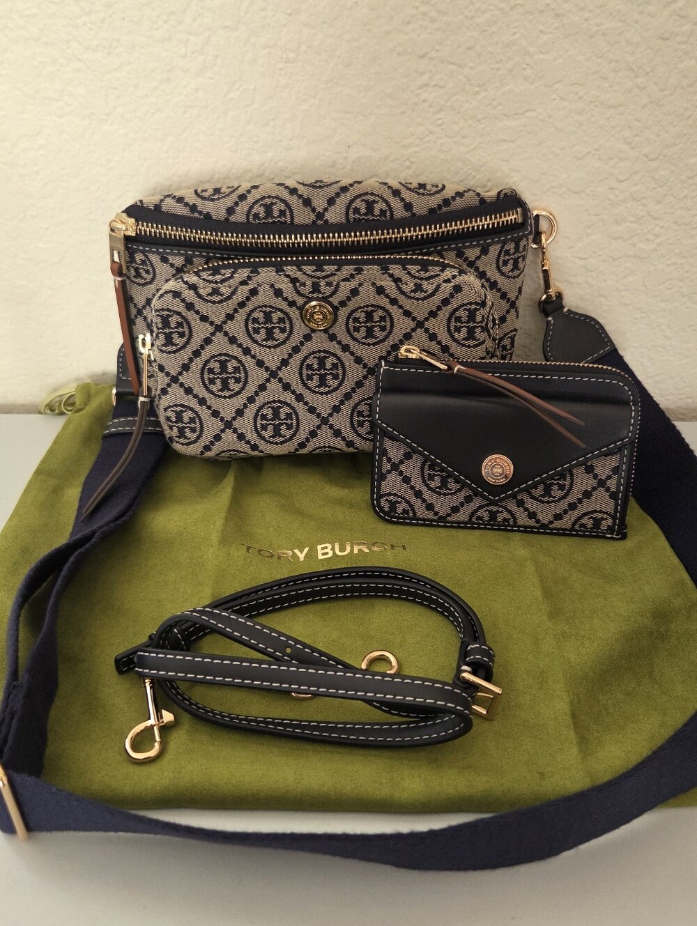 Tory Burch T Monogram Mini Belt Bag in Navy Woven Jacquard W/ Matching Wallet